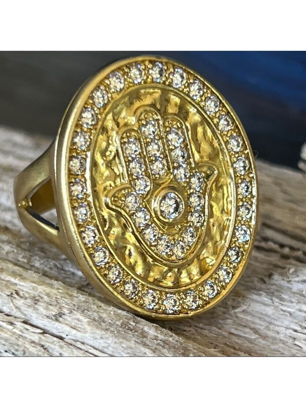 Sheila Fajl 18K Gold CZ Encrusted Hamsa/Evil Eye Ring Size